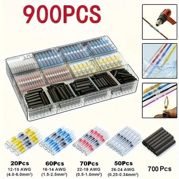 DEXIMRO Heat Shrink Butt Wire Connector Kit, Insulated Waterproof Electrical Wire Crimp Terminals Butt Splice for Marine Automotive (900PCS)