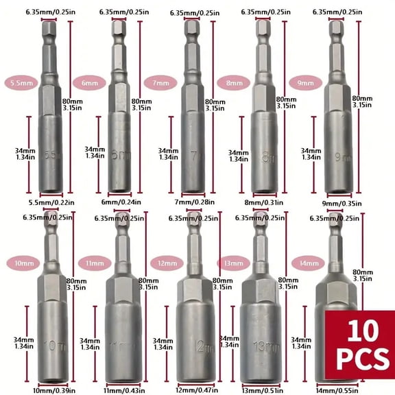DEXIMRO Hex Shank Magnetic Power Impact Nut Driver Set |10 Piece Tool Set | Professional Grade Socket Nut Setters| Metric | Sizes 6 to 19 MM | Cr-V Steel