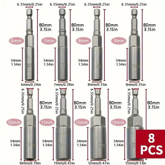 DEXIMRO Hex Shank Magnetic Power Impact Nut Driver Set |8 Piece Tool Set | Professional Grade Socket Nut Setters| Metric | Sizes 6 to 19 MM | Cr-V Steel