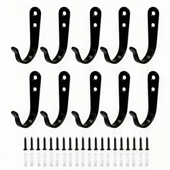 DEXIMRO Metal Wall Hooks for Hanging Heavy Duty, 10Pcs Garage Organization and Storage Hook for Extension Cord Tool Cable Coat Backpack Bag, Large Utility J Hooks, Black Wall Mount Hanges