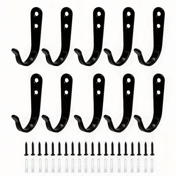 DEXIMRO Metal Wall Hooks for Hanging Heavy Duty, 10Pcs Garage Organization and Storage Hook for Extension Cord Tool Cable Coat Backpack Bag, Large Utility J Hooks, Black Wall Mount Hanges
