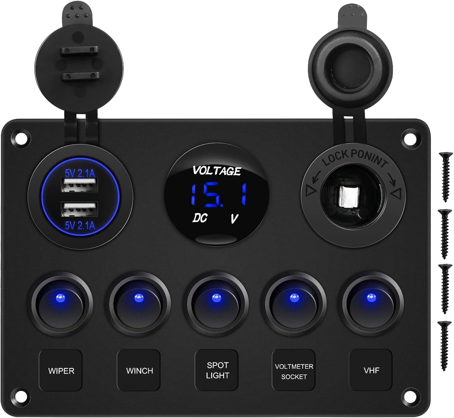 DEXIMRO Multi-Function 5 Gang Rocker Switch Dual USB Charger Digital Volmeter 12V Outlet Pre-Wired Switch Panel Blue with Circuit Breakers for RV Car Boat Truck Trailer
