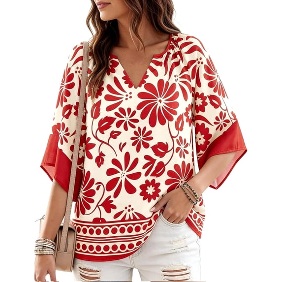 DEXIO Blouses for Women Summer Bohemian 3/4 Sleeve Shirts V Neck Flowy Casual Pleated Tops