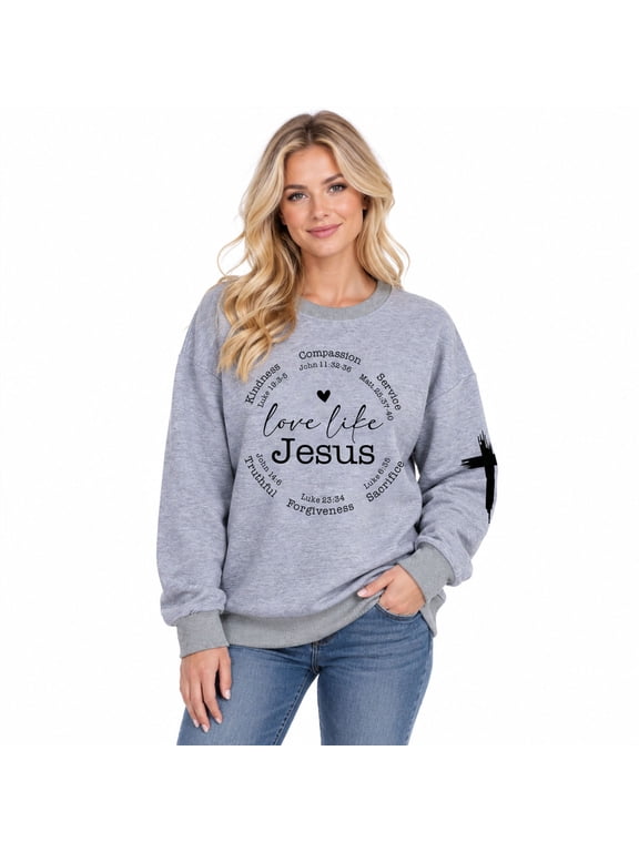 Christian Sweatshirt for Women Love Like Jesus Tee Religious Faith Graphic Long Sleeve Crewneck Pullover Inspirational Tops Gray L