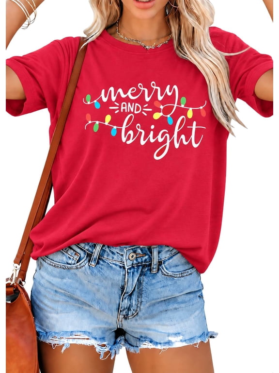 Christmas Shirt Merry and Bright Christmas Lights T-Shirts Women Xmas Lights Graphic Shirts Merry Christmas Holiday Top Red L
