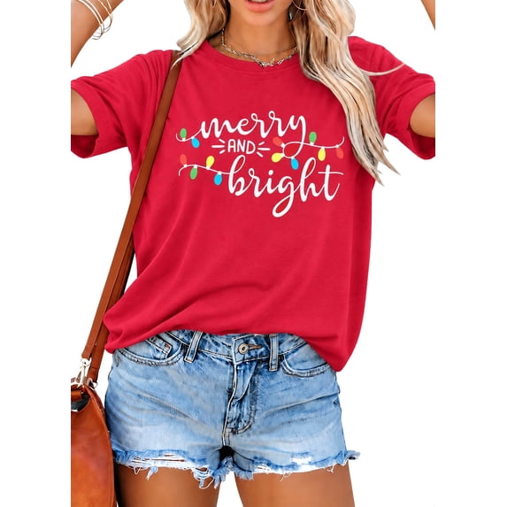 DEXIO Christmas T-Shirts for Women Merry and Bright Xmas Lights Graphic Shirts Holiday Short Sleeve Tops Red XXL