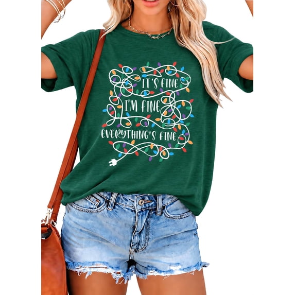 DEXIO Christmas Shirts for Women Funny Letter Graphic Print T-shirt Casual Short Sleeve Tops Green M