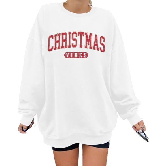 DEXIO Christmas Vibes Oversize Sweatshirt for Women Merry Tee Xmas Long Sleeve Tops Winter Holiday Pullover