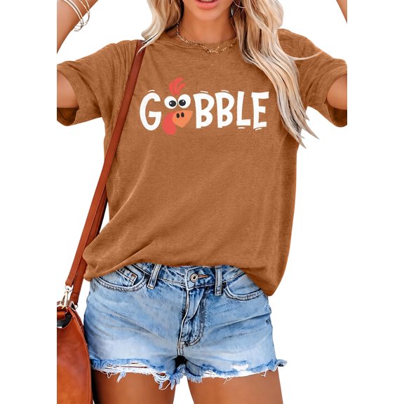 DEXIO Gobble Thanksgiving T-Shirt for Women Funny Turkey Graphic Print Shirts Fall Tee Tops Brown L
