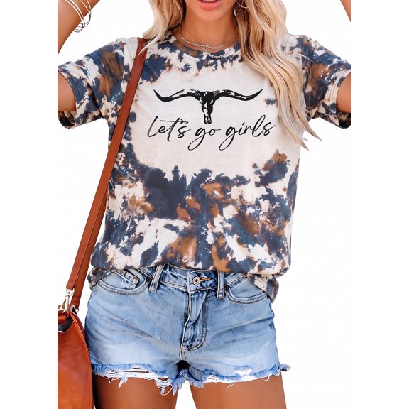 DEXIO Let's Go Girl Shirt for Women Western Bleached T-Shirt Retro Country Music Tee Cowgirls Short Sleeve Tops