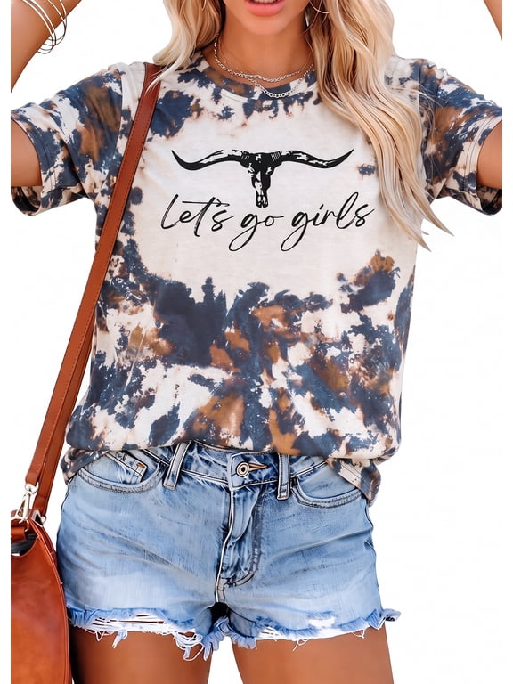 Let's Go Girl Shirt for Women Western Bleached T-Shirt Retro Country Music Tee Cowgirls Short Sleeve Tops