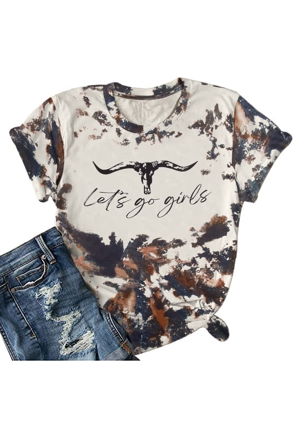 Let's Go Girl Shirt Women Western Bleached T-Shirt Retro Country Music Tee Shirt Cowgirls Shirts Short Sleeve Tops