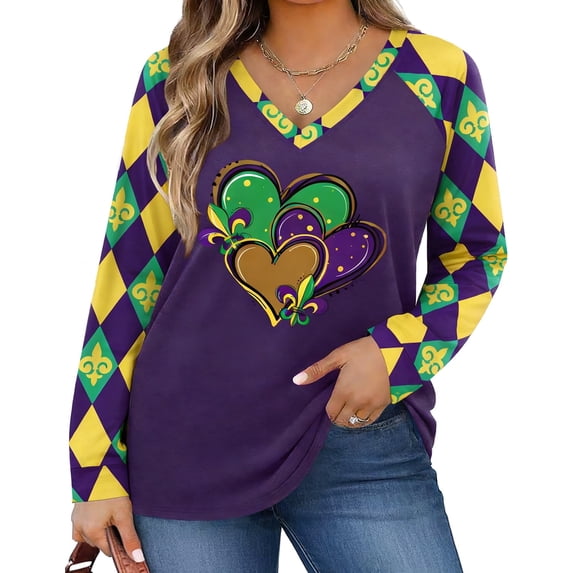 DEXIO Mardi Gras Shirts for Women,Fat Tuesday Carnival New Orleans Party Long Sleeve Plus Size Pullover Top,3X
