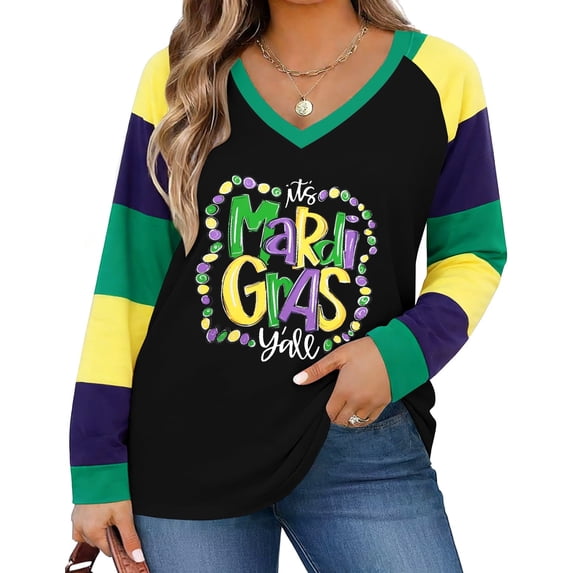 DEXIO Mardi Gras Shirts for Women,Fat Tuesday Carnival New Orleans Party Long Sleeve Plus Size Pullover Top,4X