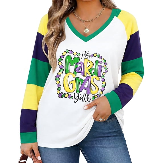 DEXIO Mardi Gras Shirts for Women,Fat Tuesday Carnival New Orleans Party Long Sleeve Plus Size Pullover Top,1X