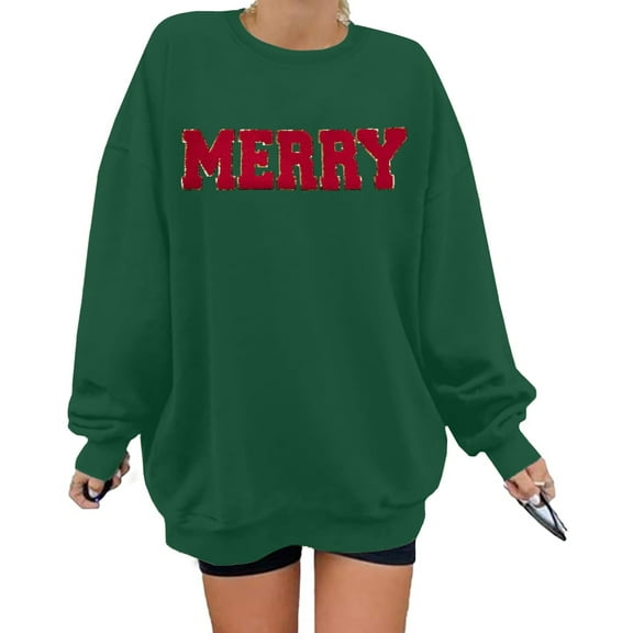 DEXIO Merry Christmas Sweatshirts for Women Glitter Patch Merry Letter Shirts Oversized Pullover Tops