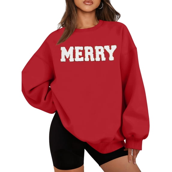 DEXIO Christmas Sweatshirts for Women Glitter Merry Patch Crewneck Tops Long Sleeve Winter Xmas Pullover Red XXL