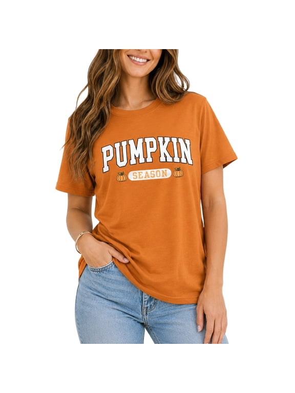 Halloween Pumpkin Season Shirts for Women Graphic T-Shirts Fall Casual Short Sleeve Tops Orange M