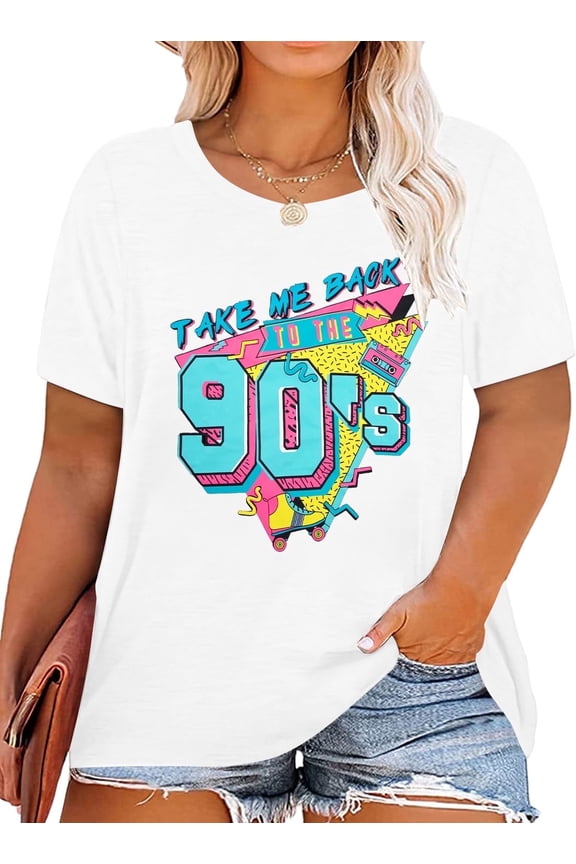 Plus Size 90s Outfit for Women Take Me Back to The 90's Shirt Vintage Crew Neck Tops Tee for Birthday Party Gift,5X