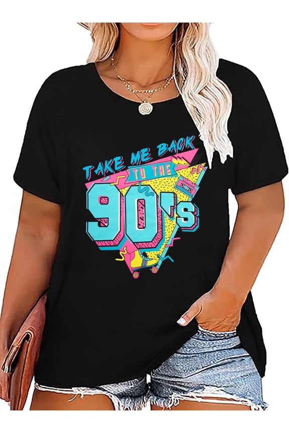 Plus Size 90s Outfit for Women Take Me Back to The 90's Shirt Vintage Crew Neck Tops Tee for Birthday Party Gift,5X