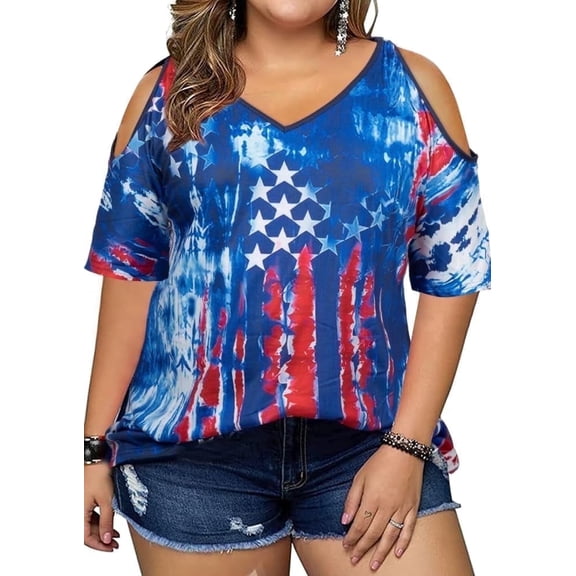 DEXIO Plus Size American Flag Shirt Women Cold Shoulder Shirt 4th of July Tops Funny Patriotic Memorial Day Tops,2X