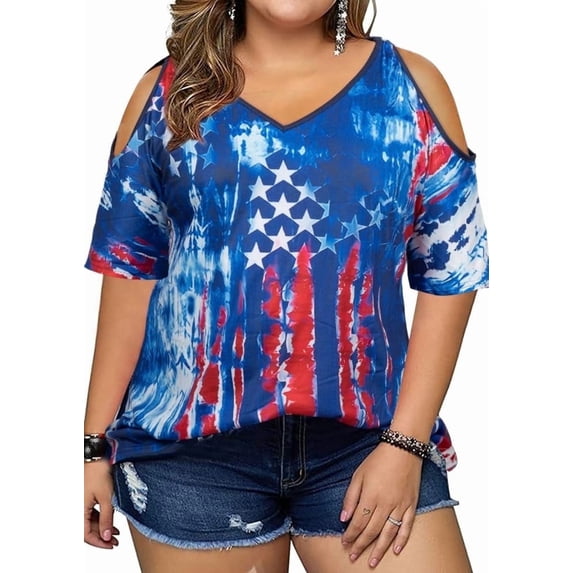 DEXIO Plus Size American Flag Shirt Women Cold Shoulder Shirt 4th of July Tops Funny Patriotic Memorial Day Tops,4X
