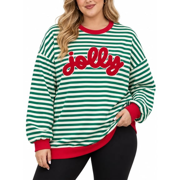 DEXIO Plus Size Christmas Sweatshirts for Women Xmas Striped Long Sleeve Pullover Winter Festive Letter Graphic Shirt Green 3X