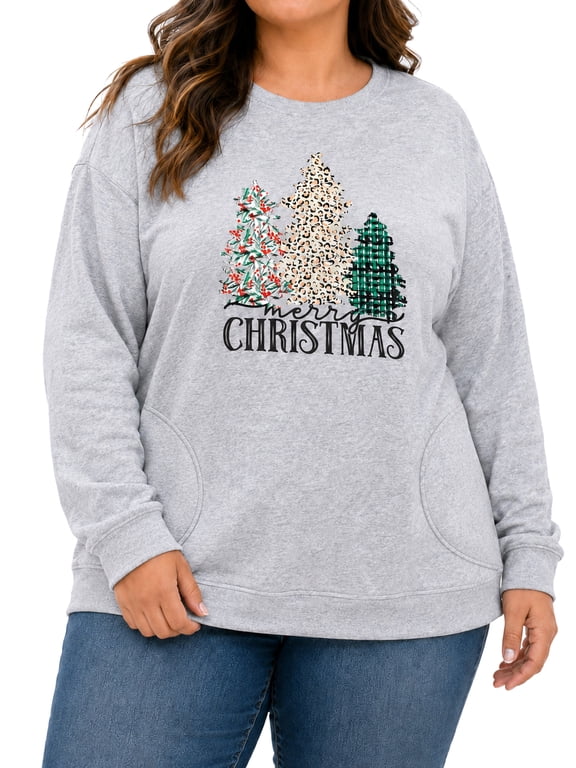 Plus Size Christmas Sweatshirts for Women Merry Long Sleeve Tee Crewneck Pullover Tops,3X