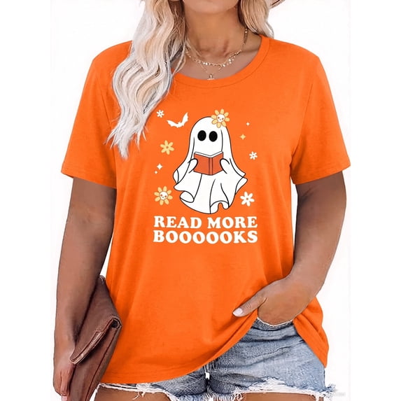 DEXIO Plus Size Halloween Ghost Reading Book T-Shirt for Women Read More Books Shirt Spooky Season Teacher T-Shirt Party Short Sleeve Graphic Tee Tops Orange 3X
