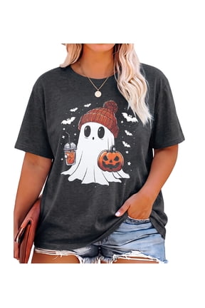 Halloween Plus Size Shirts for Women Cute Ghost Fall Graphic Tees Spooky Season Short Sleeve Tops,2X