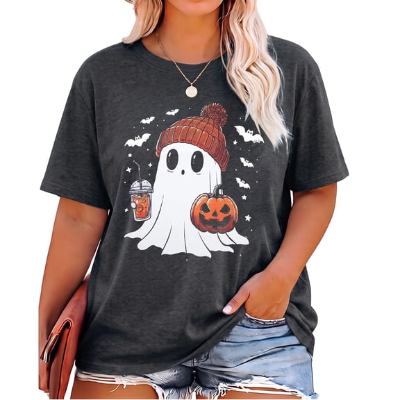 DEXIO Halloween Plus Size Shirts for Women Cute Ghost Fall Graphic Tees Spooky Season Short Sleeve Tops,2X