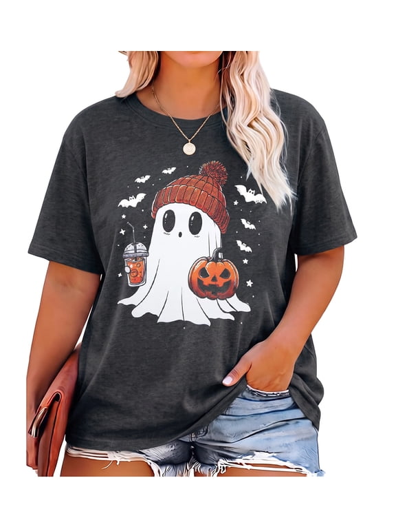 Halloween Plus Size Shirts for Women Cute Ghost Fall Graphic Tees Spooky Season Short Sleeve Tops,5X