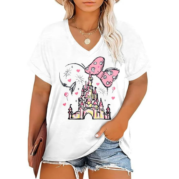 DEXIO Plus Size Magic Kingdom Shirts for Women Castle Graphic T Shirt Cute Holiday Shirt Princess Tee Funny Vacation Tops