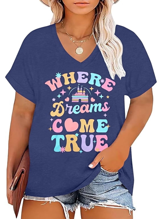 Plus Size Magic Kingdom Shirts for Women Castle Graphic T Shirt Cute Holiday Princess Tee Funny Vacation Tops,2X