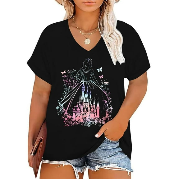 DEXIO Plus Size Magic Kingdom Shirts for Women Castle Graphic T Shirt Cute Holiday Shirt Princess Tee Funny Vacation Tops