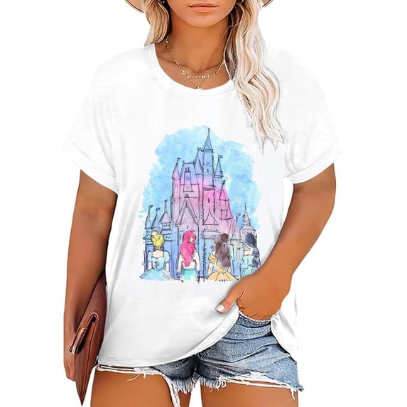 DEXIO Plus Size Magic Kingdom Shirts for Women Castle Graphic T Shirt Cute Holiday Shirt Princess Tee Funny Vacation Tops,2X