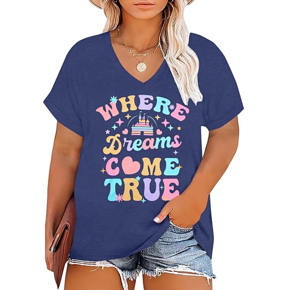 DEXIO Plus Size Magic Kingdom Shirts for Women Castle Graphic T Shirt Cute Holiday Shirt Princess Tee Funny Vacation Tops,1X