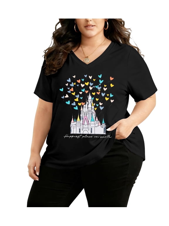 Plus Size Magic Shirts for Women Castle Kingdom Graphic T Shirt Holiday Princess Tee Vacation Tops,3X