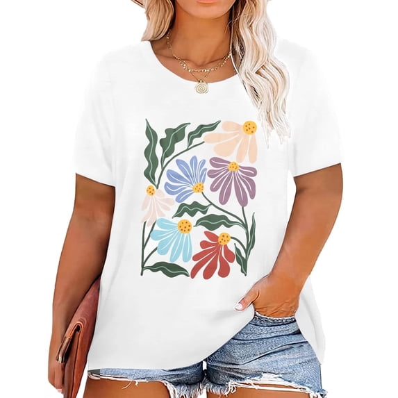 DEXIO Plus Size Vintage Floral T Shirts for Women Boho Wildflower Graphic Tees Cute Short Sleeve Casual Tops,3X