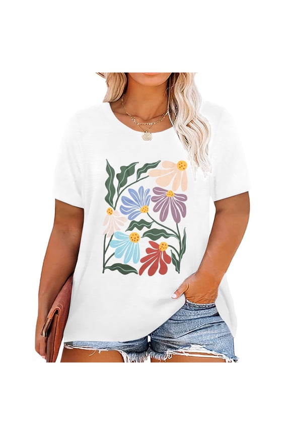 Plus Size Vintage Floral T Shirts for Women Boho Wildflower Graphic Tees Cute Short Sleeve Casual Tops,5X