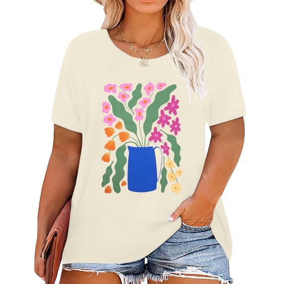 DEXIO Plus Size Vintage Floral T Shirts for Women Boho Wildflower Graphic Tees Cute Short Sleeve Casual Tops,5X