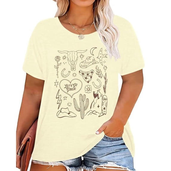 DEXIO Plus Size Western Shirt for Women Cow Skull Shirt Boho Cowgirl T-Shirt Rodeo Graphic Tee Vintage Country Music Tops,4X