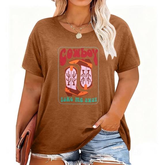 DEXIO Plus Size Western Shirt for Women Cowboy Take Me Away Shirt Boho Cowgirl T-Shirt Rodeo Graphic Tee Vintage Country Music Tops,5X