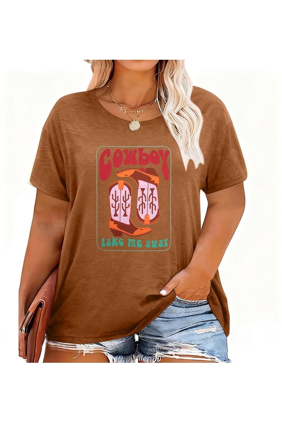Plus Size Western Shirt for Women Cowboy Take Me Away Shirt Boho Cowgirl T-Shirt Rodeo Graphic Tee Vintage Country Music Tops,5X