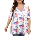 thumbnail image 1 of DEXIO Plus Size Women American Flag Shirt 4th of July Patriotic V Neck T Shirts Women Cold Shoulder Shirt Casual USA Stars and Stripes Tees Fashion Clothes 2025,2X, 1 of 7
