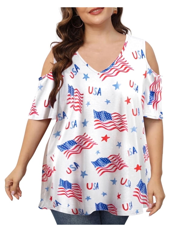Plus Size Women American Flag Shirt 4th of July Patriotic V Neck T Shirts Women Cold Shoulder Shirt Casual USA Stars and Stripes Tees Fashion Clothes,3X
