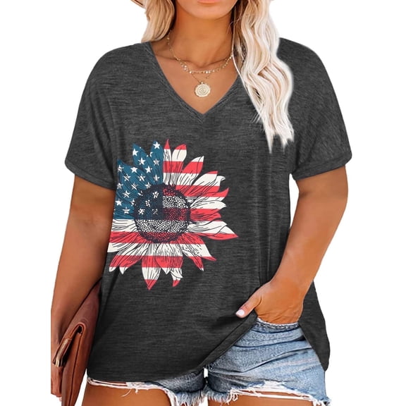 DEXIO Plus Size Women American Flag Shirt 4th of July Patriotic V Neck T Shirts American Flag Sunflower Graphic Tee Tops,2X