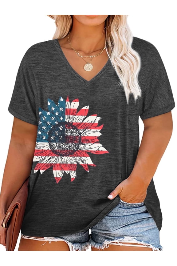 Plus Size Women American Flag Shirt 4th of July Patriotic V Neck T Shirts American Flag Sunflower Graphic Tee Tops,2X