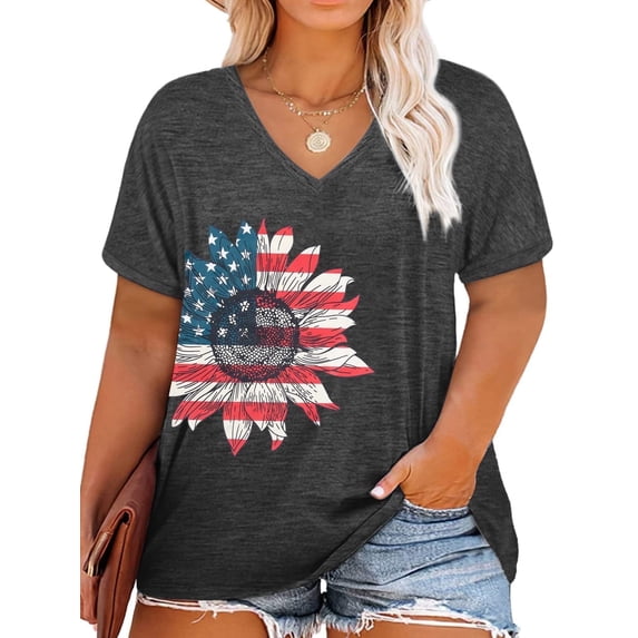 DEXIO Plus Size Women American Flag Shirt 4th of July Patriotic V Neck T Shirts American Flag Sunflower Graphic Tee Tops,3X