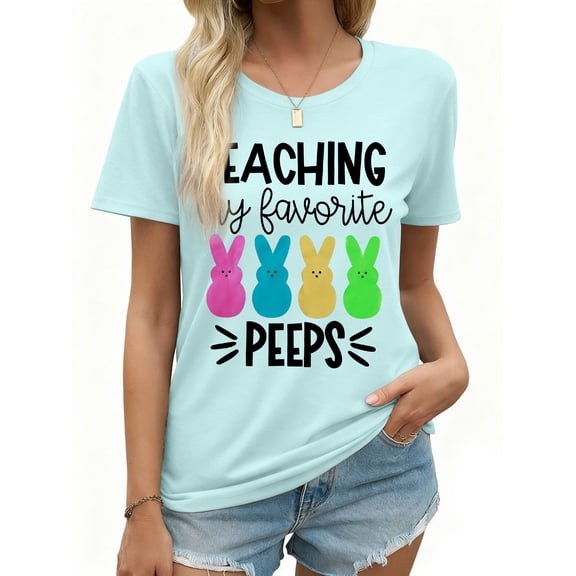 DEXIO Teaching My Favorite Peeps Easter Shirt for Women Easter Teacher T-Shirt Funny Bunny Graphic Tee Top